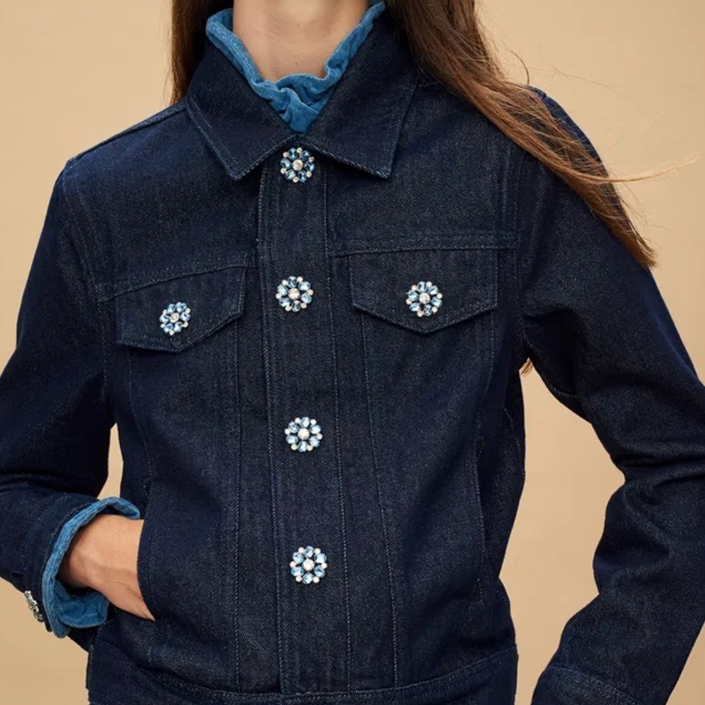 Claudie Pierlot Dark Blue Denim Jacket with Embellished Buttons